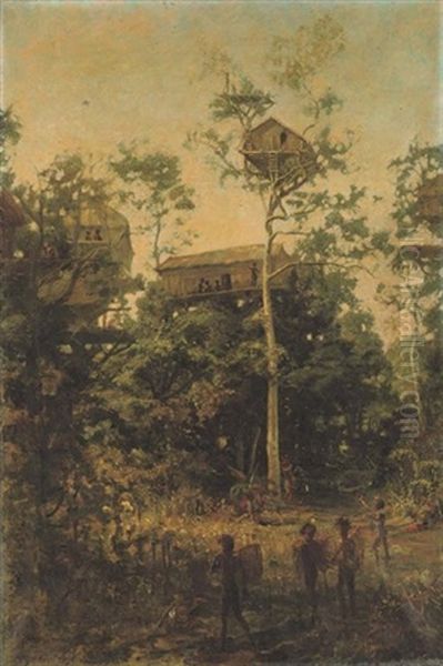 Tree Dwellers Of New Guinea, Village Of Verburi Oil Painting by Charles Gordon-Frazer