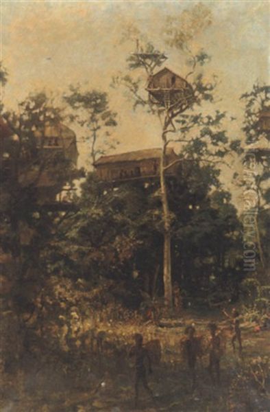 Tree Dwellers Of New Guinea, Village Of Verburi Oil Painting by Charles Gordon-Frazer