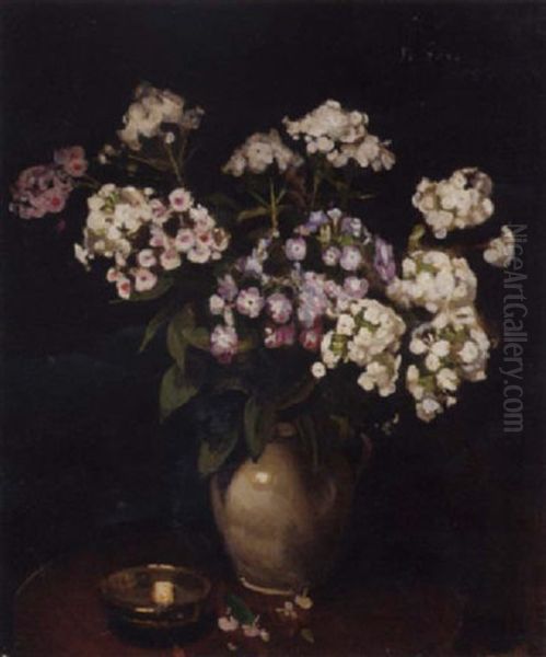 Phlox In A Jug With A Silver Dish On A Table Oil Painting by William Crampton Gore