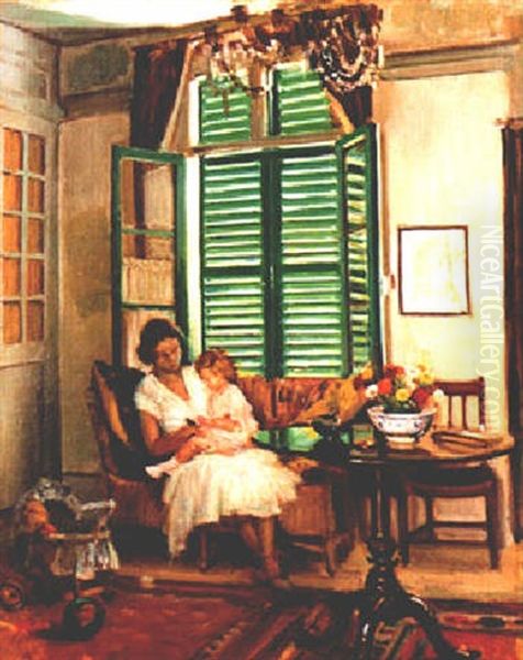 Interior With The Artist's Wife, Yvonne, And Young Daughter, Elizabeth, At Montreuil-sur-mer Oil Painting by William Crampton Gore