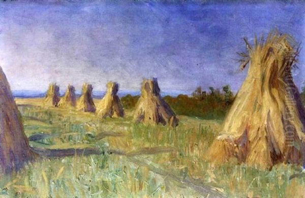 Bright Harvest Landscape With Cornstacks In Foreground Oil Painting by Constance Gore-Booth (Countess Markievicz)