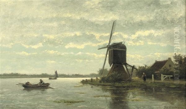 Rowing Near A Windmill Oil Painting by Jacobus van Gorkum