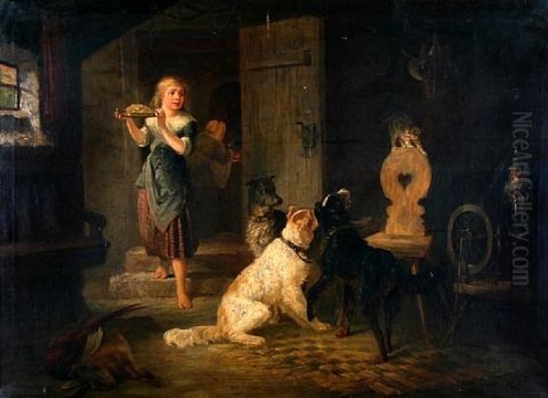 Dogs And Cat In A Game Larder Oil Painting by Marie Goerlich