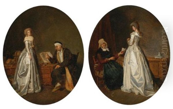 Interior With A Young Lady Having Her Fortune Told; Interior With A Young Woman Visiting The Doctor (pair) Oil Painting by Henri Nicolas Van Gorp