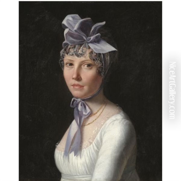 Portrait Of A Lady, Head And Shoulders, Wearing A White Dress And Purple Hat Oil Painting by Henri Nicolas Van Gorp