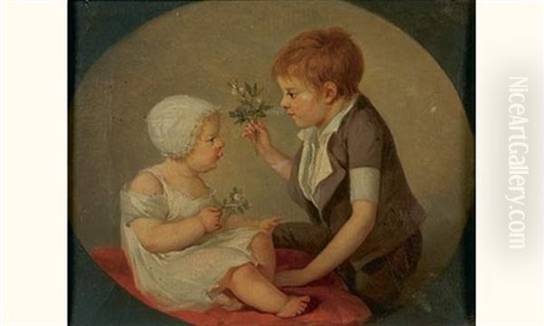 Deux Jeunes Enfants Tenant Des Fleurs D'orangers Oil Painting by Henri Nicolas Van Gorp