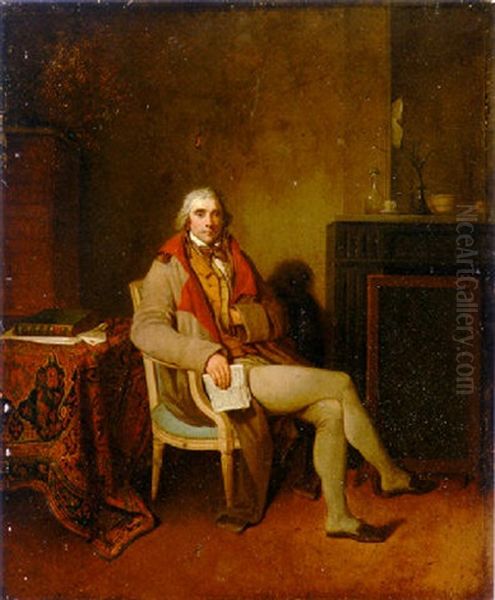 Portrait Of A Gentleman Holding La Gazette Nationale, In An Interior Oil Painting by Henri Nicolas Van Gorp