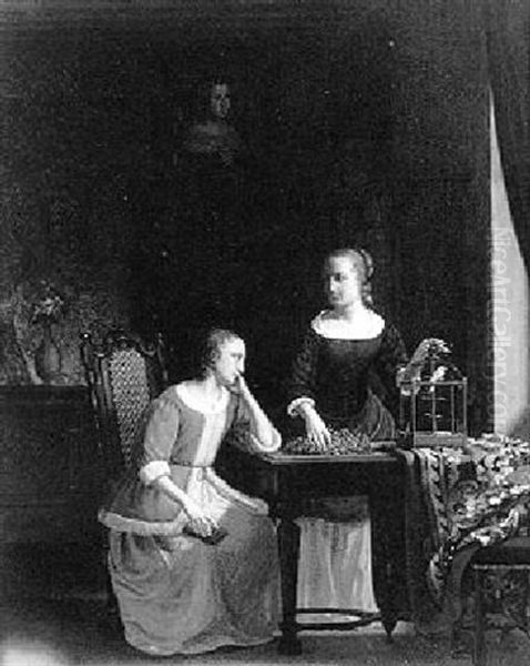 Two Women In An Interior With A Birdcage Oil Painting by Henri Nicolas Van Gorp