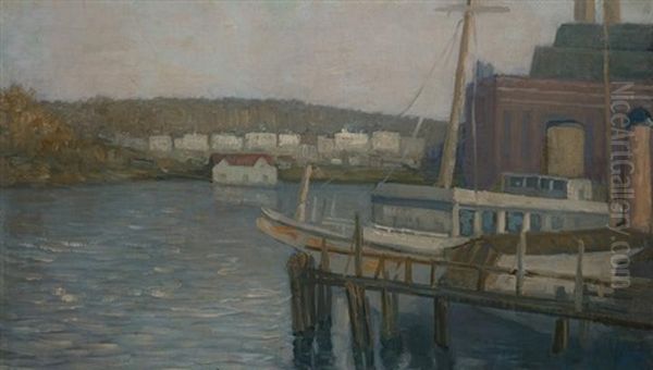 Wharf With Sailboat And Village Oil Painting by Aaron Harry Gorson