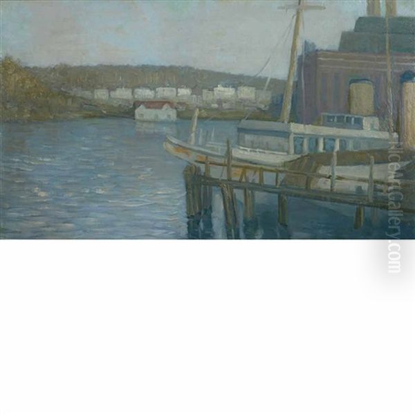 Wharf With Sailboat And Village Oil Painting by Aaron Harry Gorson