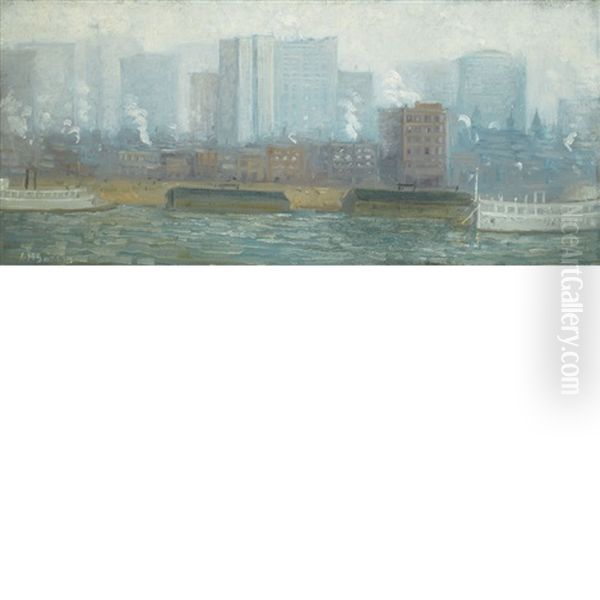 River And New York Skyline Oil Painting by Aaron Harry Gorson