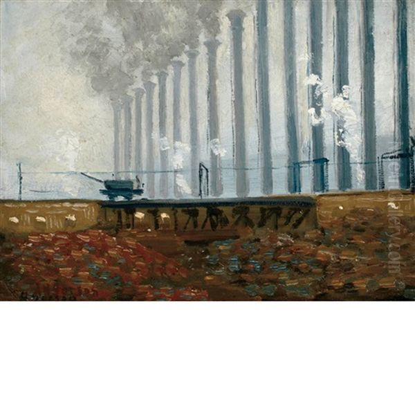 Smoke Stacks At Steel Mill Oil Painting by Aaron Harry Gorson