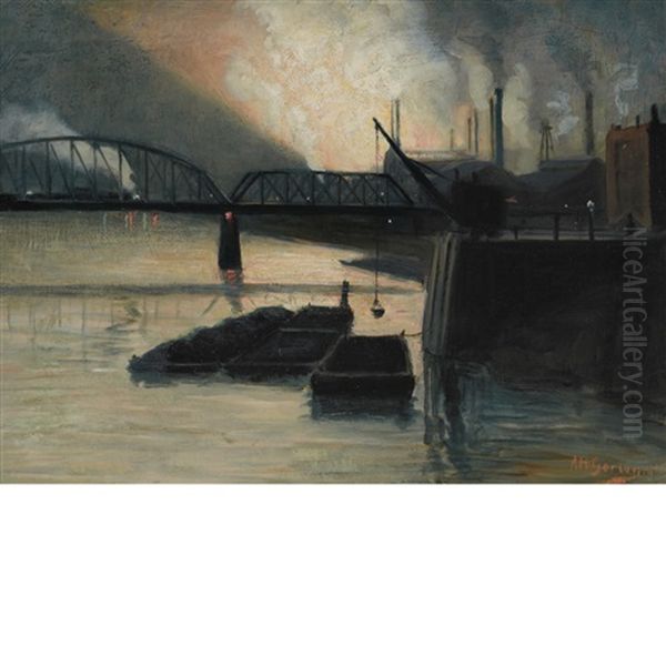 Industrial Harbor Oil Painting by Aaron Harry Gorson