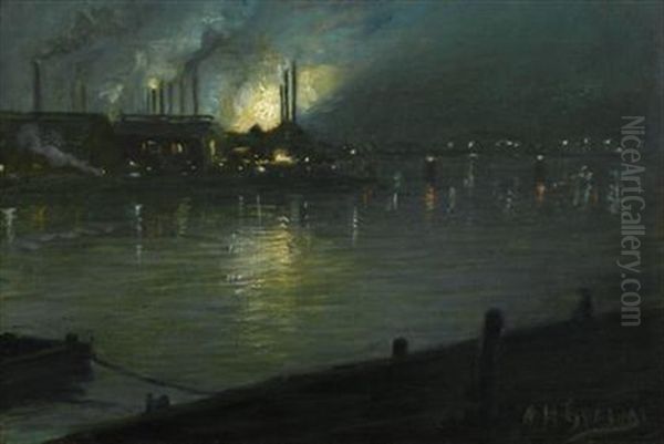 Pittsburgh Night Scene Oil Painting by Aaron Harry Gorson