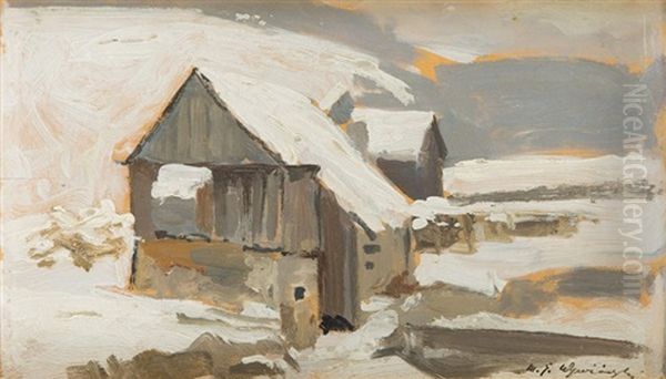 Hut In A Winter Landscape Oil Painting by Michael Gorstkin-Wywiorski