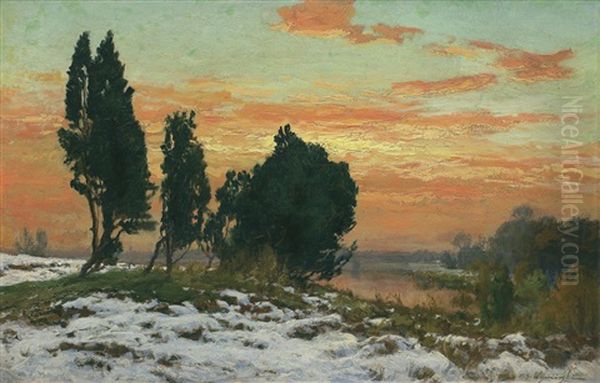 Early Snow. Sunset Oil Painting by Michael Gorstkin-Wywiorski