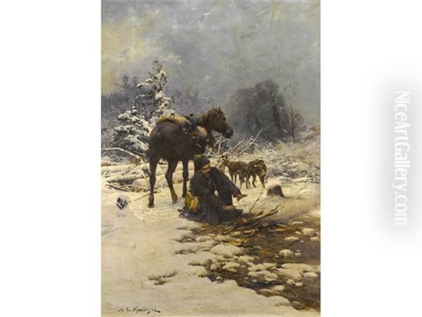 A Hunter In The Snow Warming His Hands By A Fire Oil Painting by Michael Gorstkin-Wywiorski