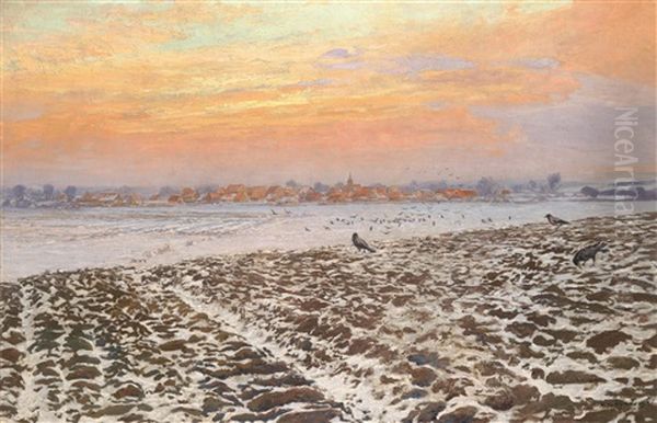 Krahen Am Winterfeld Bei Sonnenuntergang Oil Painting by Michael Gorstkin-Wywiorski