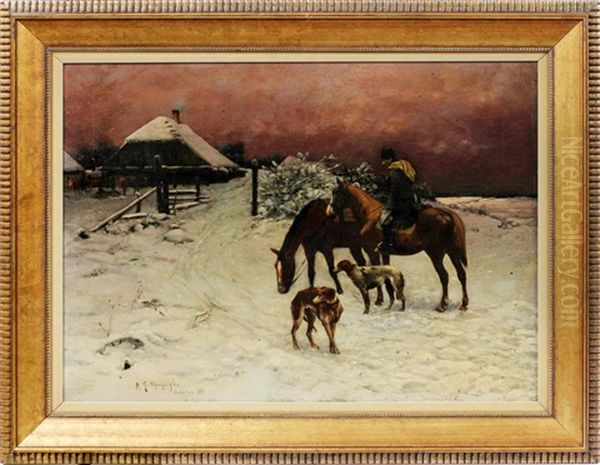 Winter Farm Scene Oil Painting by Michael Gorstkin-Wywiorski