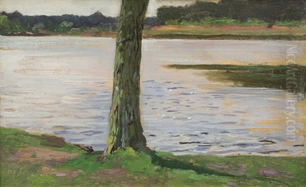 Tree Trunk Against River Oil Painting by Michael Gorstkin-Wywiorski