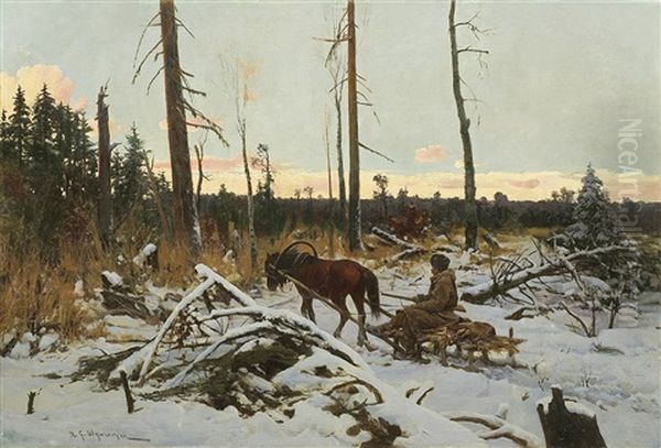 After A Hunting Oil Painting by Michael Gorstkin-Wywiorski