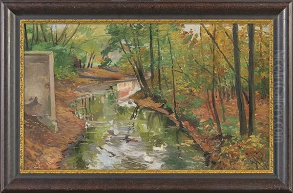 Stream In A Park. Autumn Oil Painting by Michael Gorstkin-Wywiorski