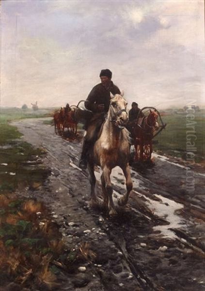 Men On Horseback On Dirt Road Oil Painting by Michael Gorstkin-Wywiorski