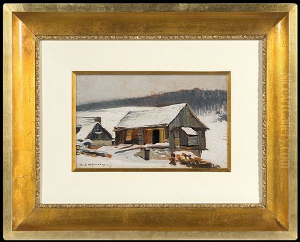 Cottages In The Snow Oil Painting by Michael Gorstkin-Wywiorski