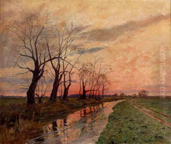 Flusslandschaft Bei Abendrot Oil Painting by Michael Gorstkin-Wywiorski