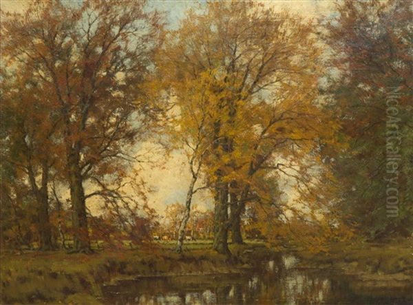 Herfststemming In Bos' / Autumn Landscape With Cattle Grazing By The Water Oil Painting by Arnold Marc Gorter