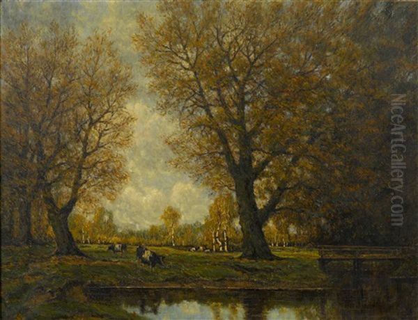 A Wooded Landscape With Cattle Watering At A Pond Oil Painting by Arnold Marc Gorter