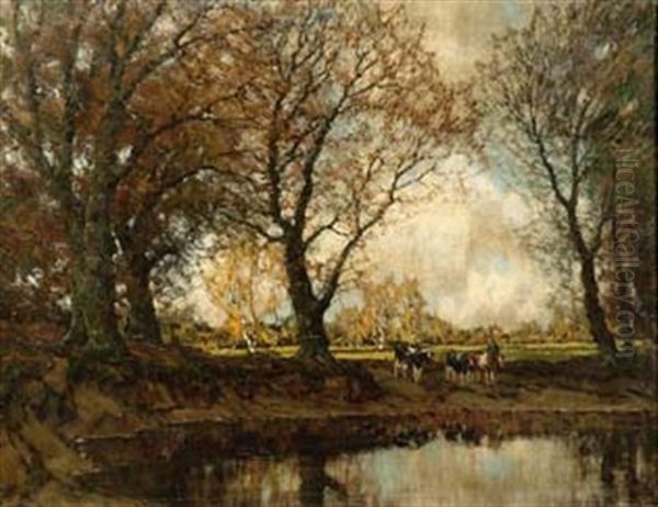 Cattle Watering At The Vordense Beek Oil Painting by Arnold Marc Gorter