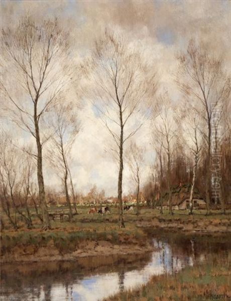 Cows And Distant Cottages In Spring Landscape Oil Painting by Arnold Marc Gorter