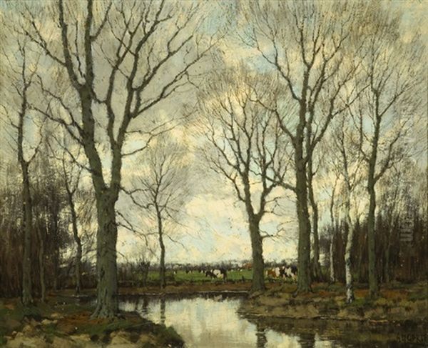 Trees & Cattle By A Riverbank Oil Painting by Arnold Marc Gorter