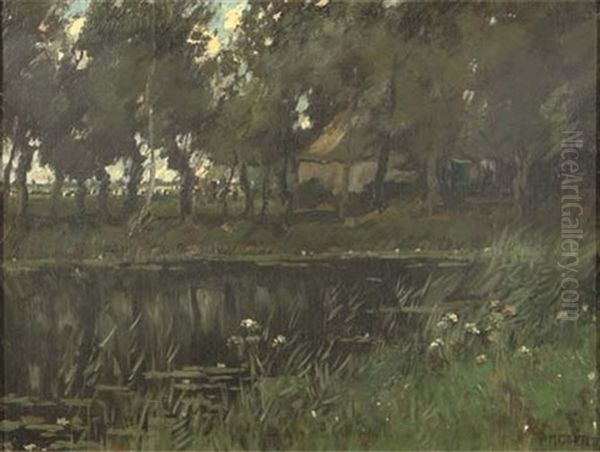 A Farmyard Near A Pond Oil Painting by Arnold Marc Gorter