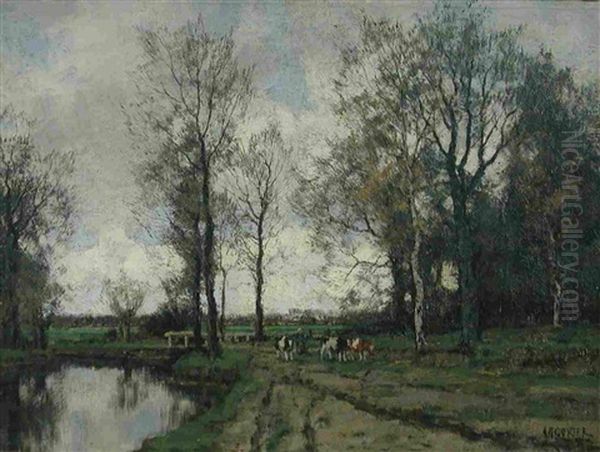 Harmelen - A Milkmaid And Cows By A River Oil Painting by Arnold Marc Gorter