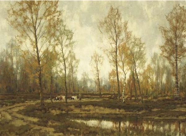 Driving The Cattle Past A Lake In Autumn Oil Painting by Arnold Marc Gorter