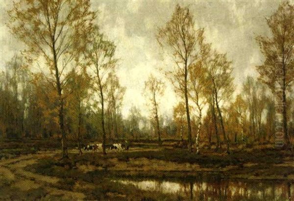 Driving The Cattle Past A Lake In Autumn Oil Painting by Arnold Marc Gorter