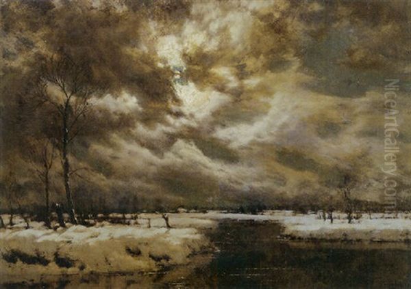 A Moonlit Winter Landscape Oil Painting by Arnold Marc Gorter