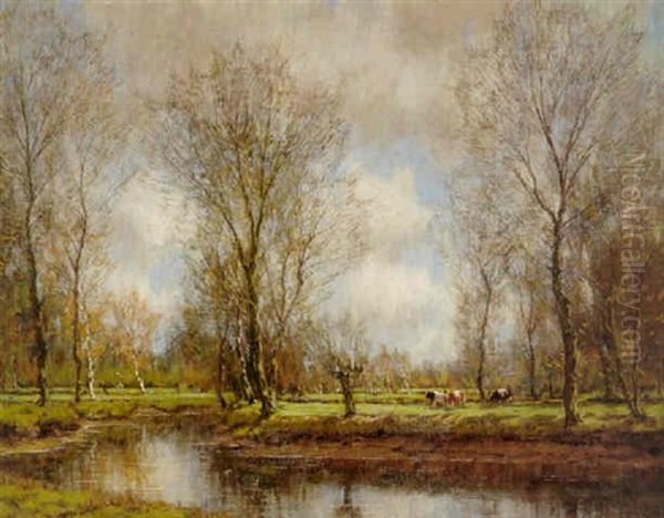 A River Landscape With Cattle Grazing On The Far Bank Oil Painting by Arnold Marc Gorter