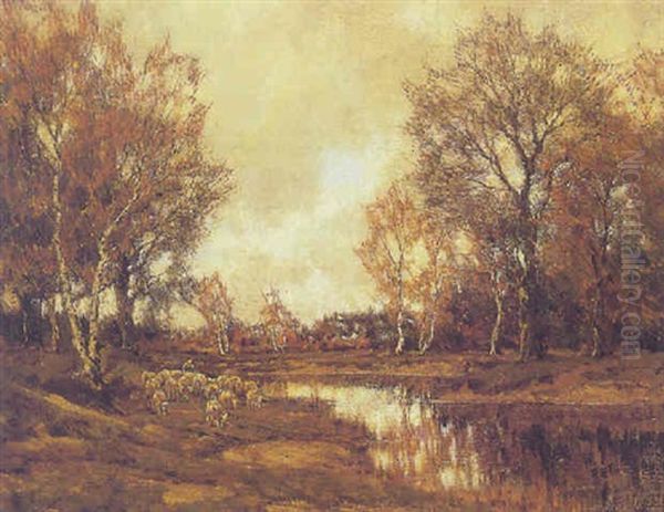 A Flock Of Sheep In An Autumn Landscape Oil Painting by Arnold Marc Gorter