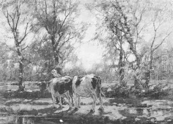 Milkmaid Leading Cows Through Treed Path by Arnold Marc Gorter