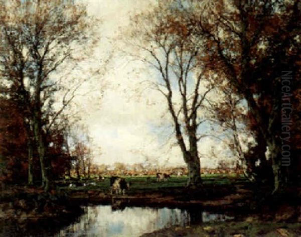 Cows Grazing By A Wooded Stream Oil Painting by Arnold Marc Gorter