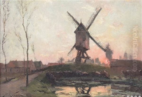 Moulin A Astene (?) Au Coucher De Soleil Oil Painting by Pieter Gorus