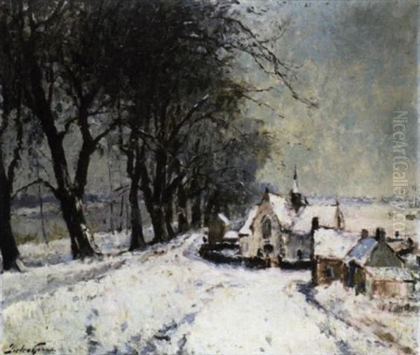 De Scheldedijk En Het Kerkje Van Vlassenbrouck Onder De Sneeuw Oil Painting by Pieter Gorus