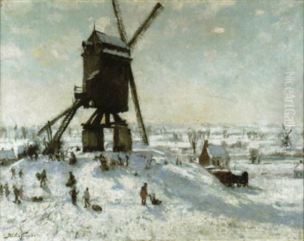 Sneeuwpret Bij De Molen Oil Painting by Pieter Gorus