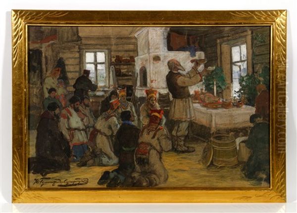 Prayer In The Home Of A Mordvinian Oil Painting by Ivan Silych (Silovich) Goryushkin-Sorokopudov