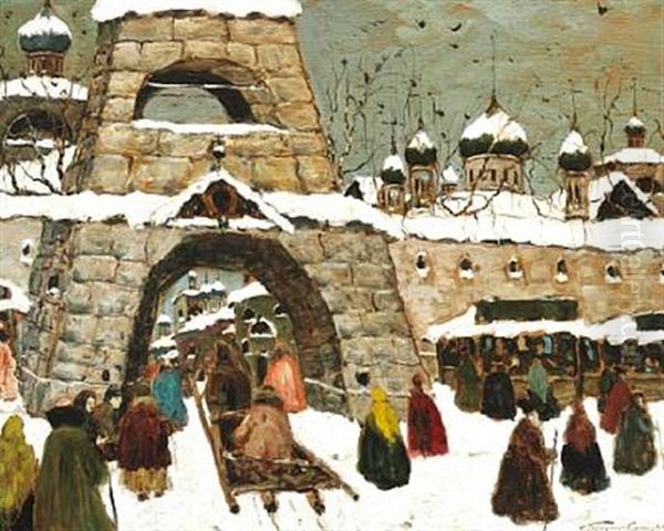 Winter Day Street Life At A Russian Town Gate With Several Churches In The Background Oil Painting by Ivan Silych (Silovich) Goryushkin-Sorokopudov