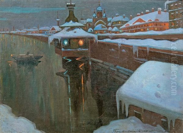 Town At Night Oil Painting by Ivan Silych (Silovich) Goryushkin-Sorokopudov