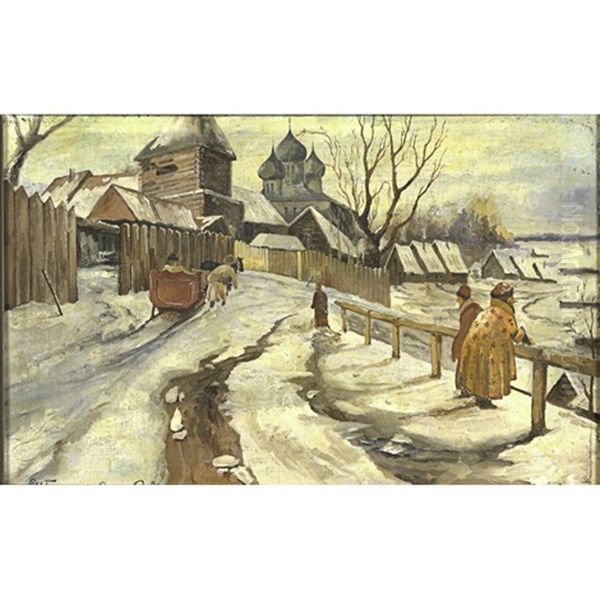 Winter Scene, Russian Village Oil Painting by Ivan Silych (Silovich) Goryushkin-Sorokopudov